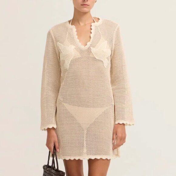 NEW Sea New York Sally Crochet Mini Dress Cover Up Beige Tan | XS - Picture 5 of 10